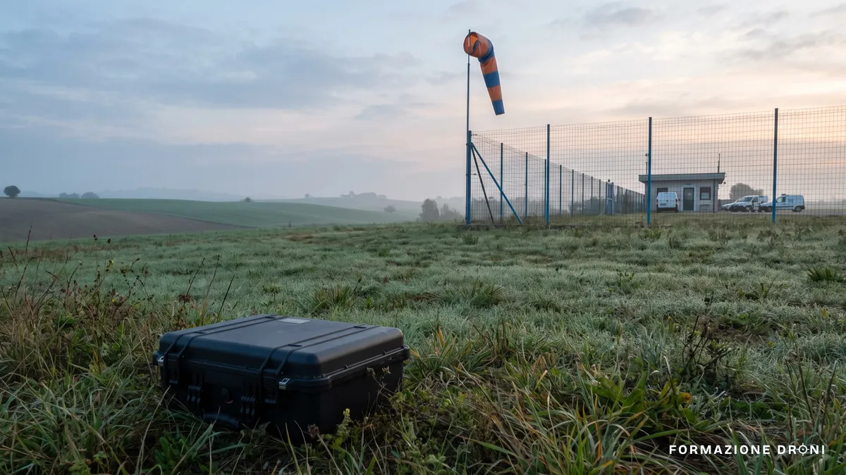 Recinzione perimetrale di un aeroporto con manica a vento vista da un campo, drone chiuso nella custodia in primo piano