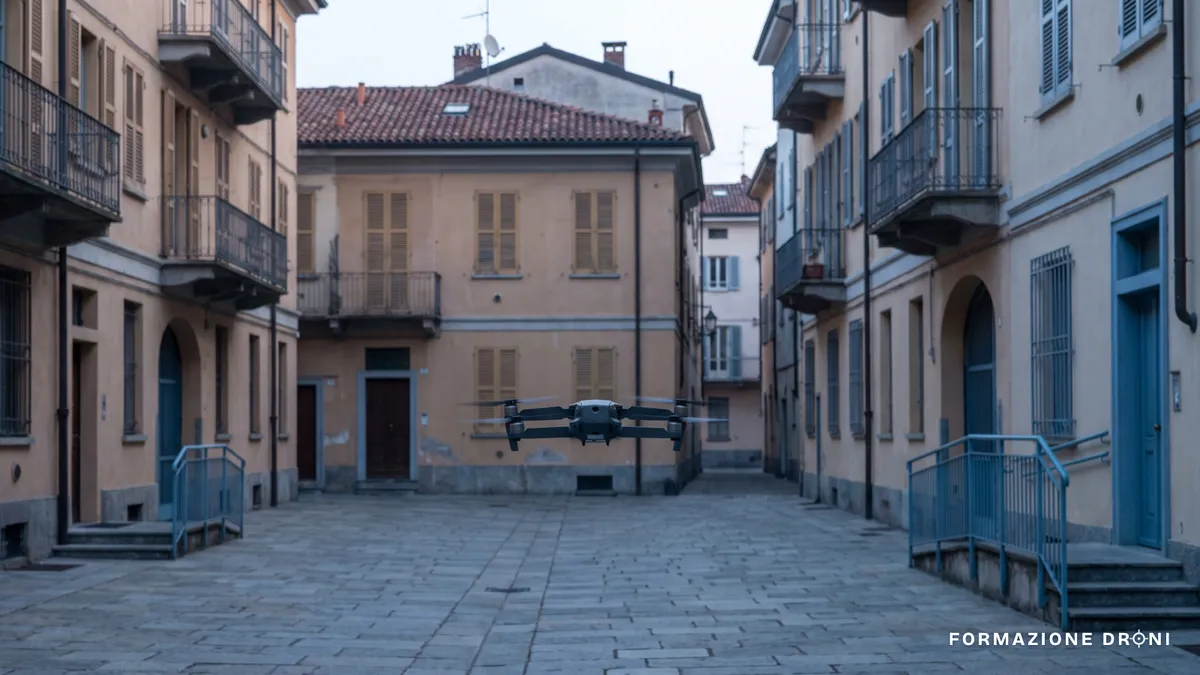 Piccolo drone in volo sopra un cortile urbano deserto di prima mattina in una città italiana