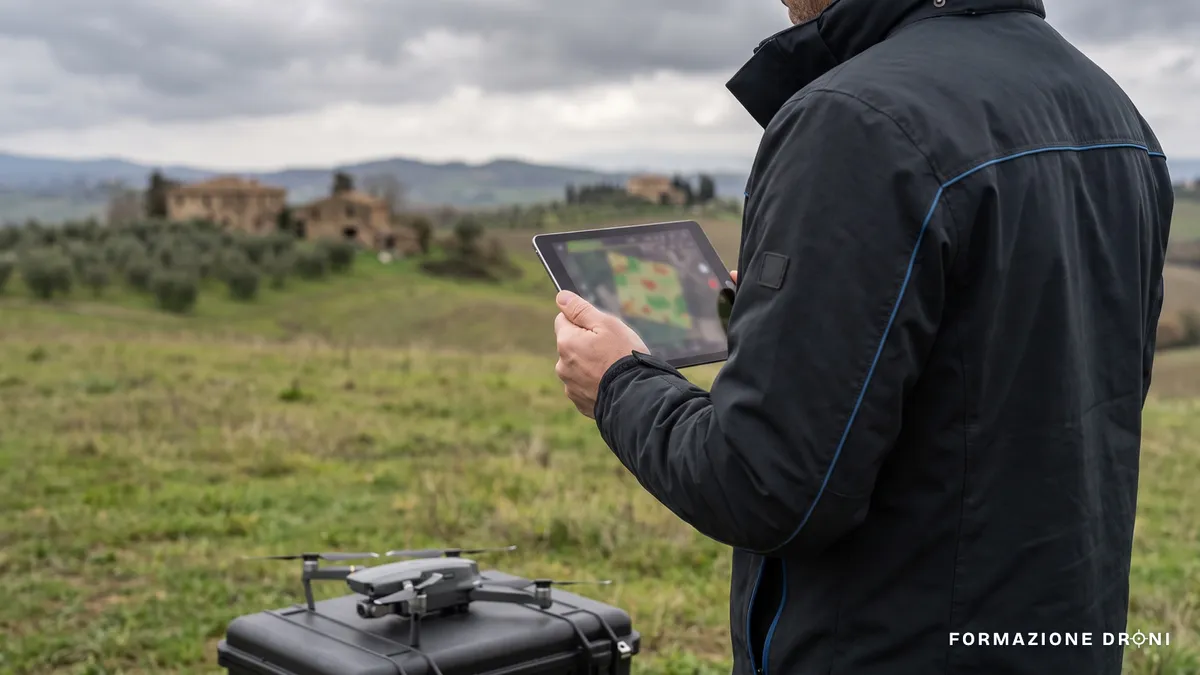 Pilota che consulta una mappa di zone su tablet in un campo aperto prima del volo