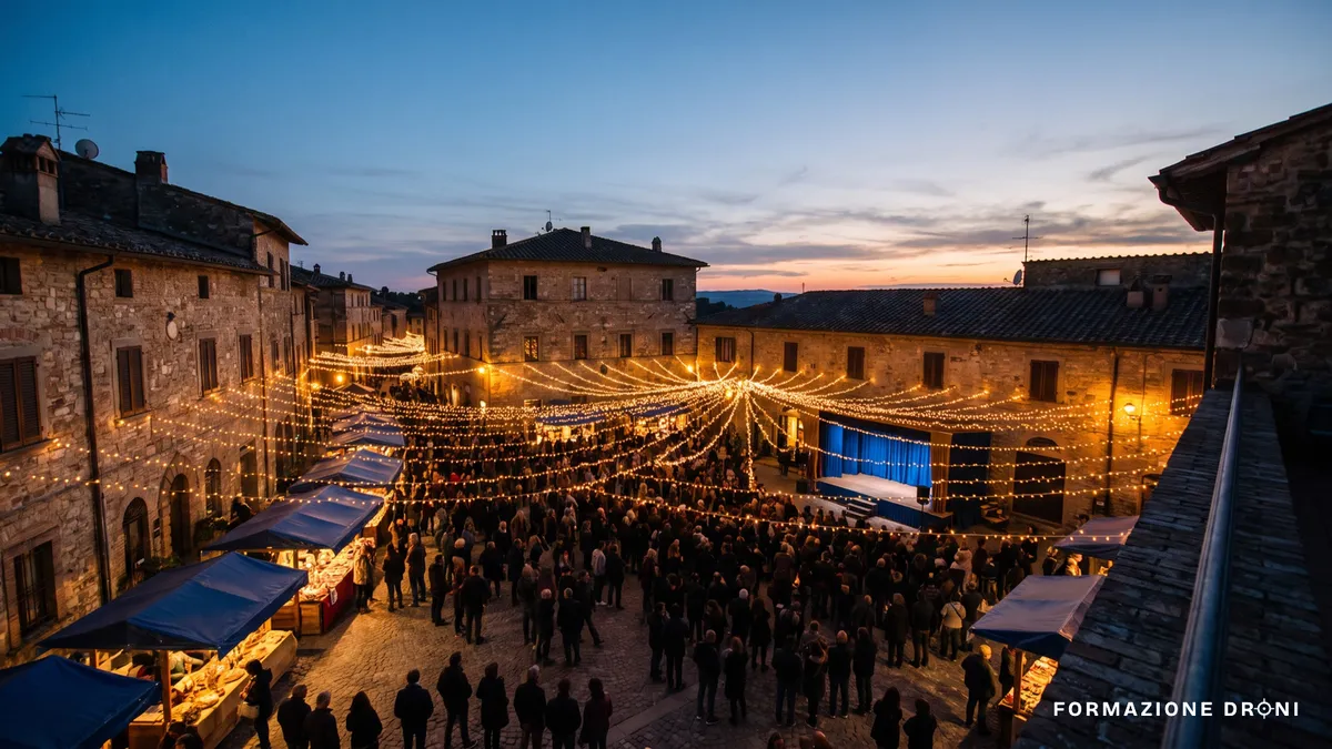 Piazza di paese affollata durante una sagra serale vista dall'alto di un tetto vicino