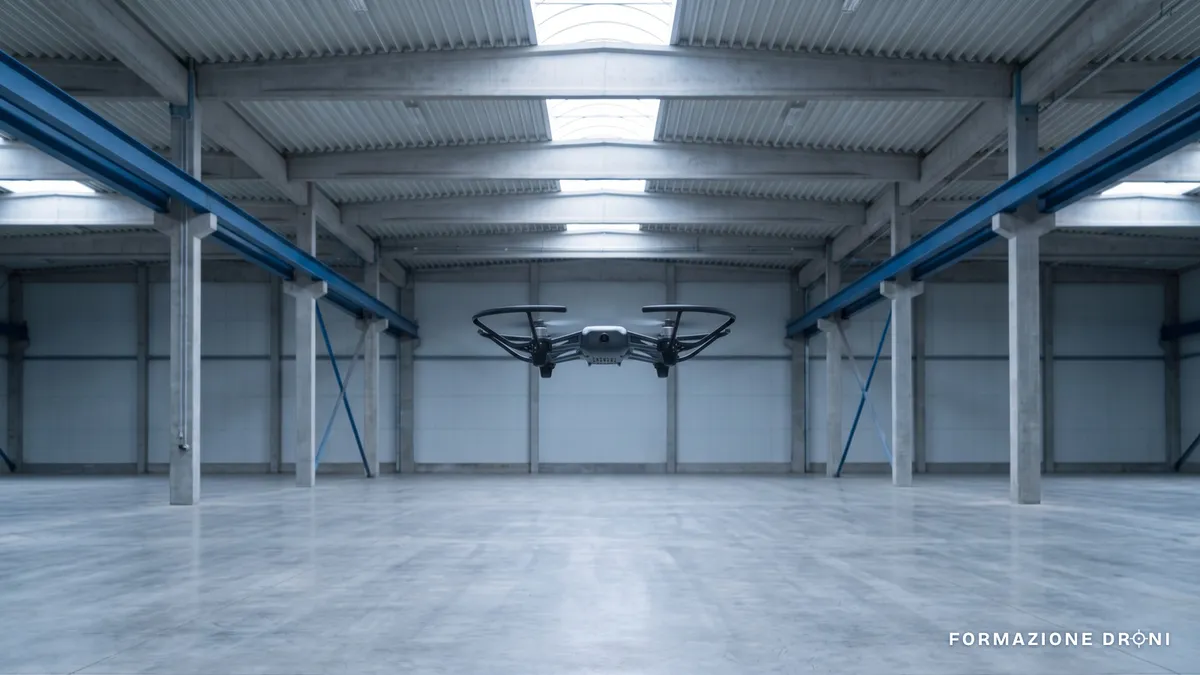 Piccolo drone con paraeliche in volo dentro un capannone industriale vuoto