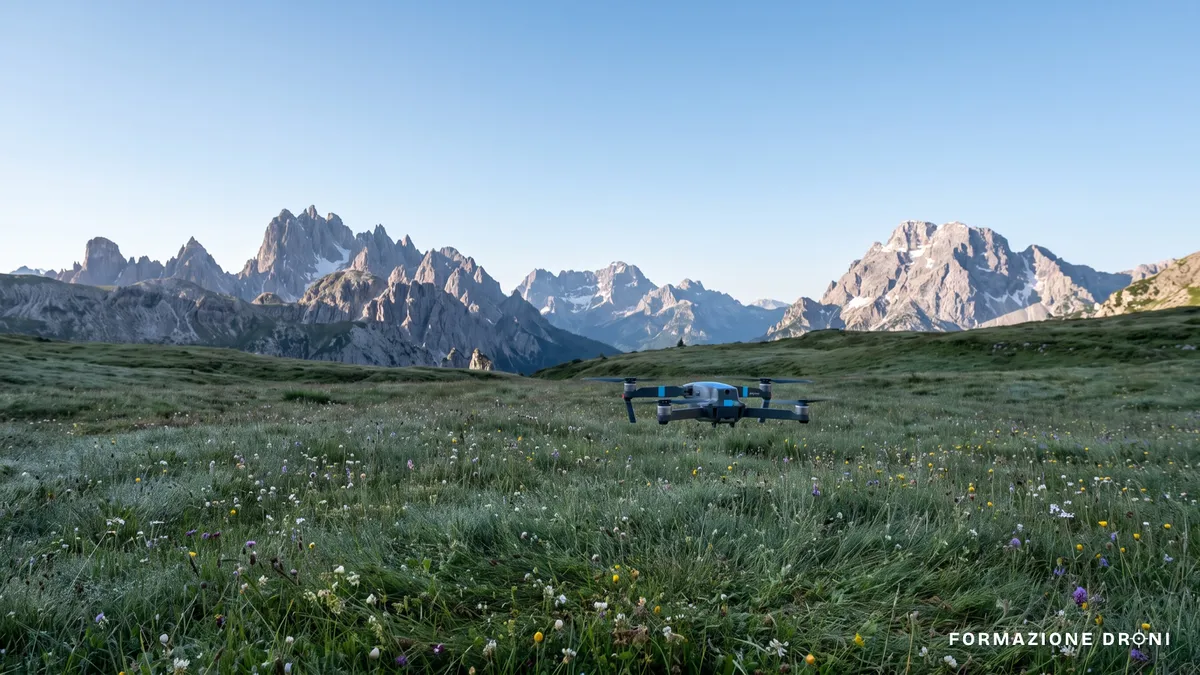 Drone in volo sopra un pascolo alpino con cime rocciose innevate sullo sfondo