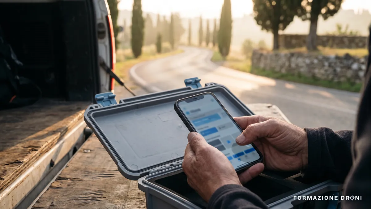 Pilota che controlla gli avvisi aeronautici sullo smartphone appoggiato alla custodia del drone
