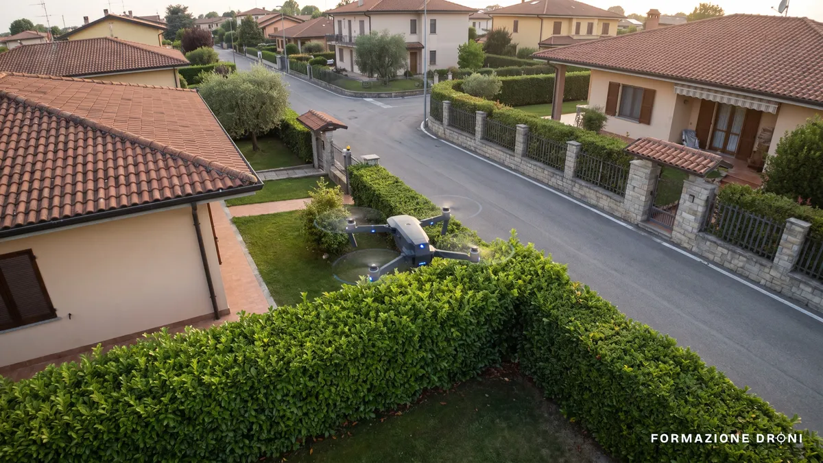 Drone in volo sopra la siepe di un giardino privato in una zona residenziale italiana