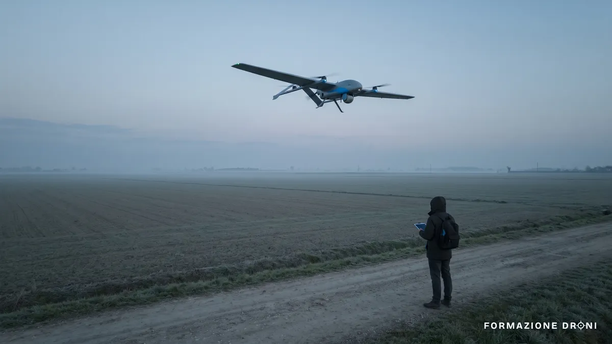 Drone ad ala fissa in volo su una pianura agricola all'alba