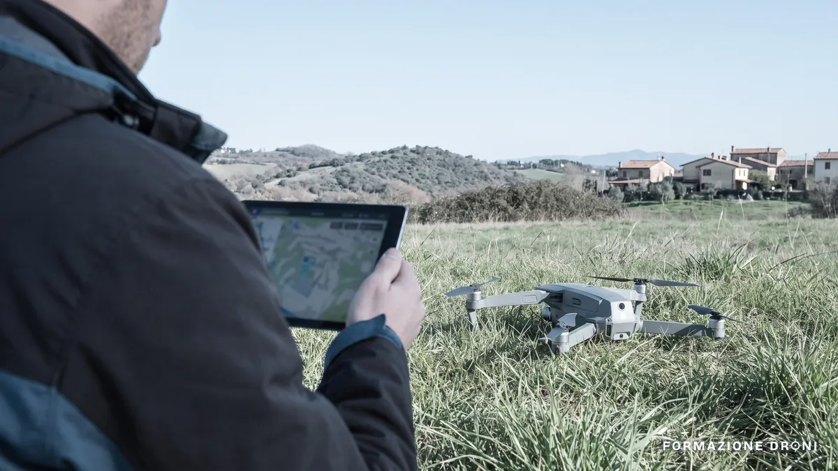 Pilota che consulta una mappa su tablet prima del decollo