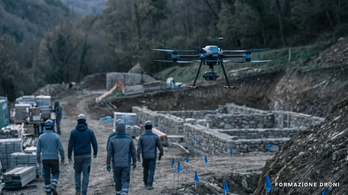 Drone per rilievi in volo basso sopra un cantiere con target a terra