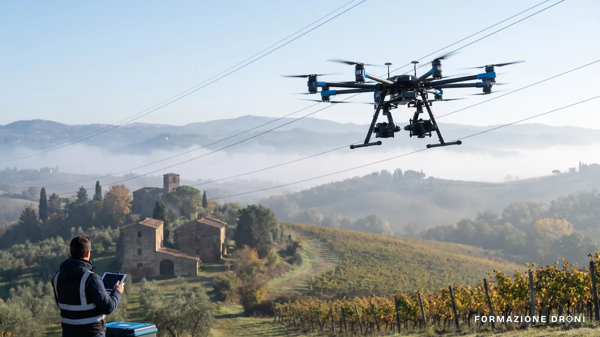 Drone professionale in ispezione lungo un corridoio di linee elettriche