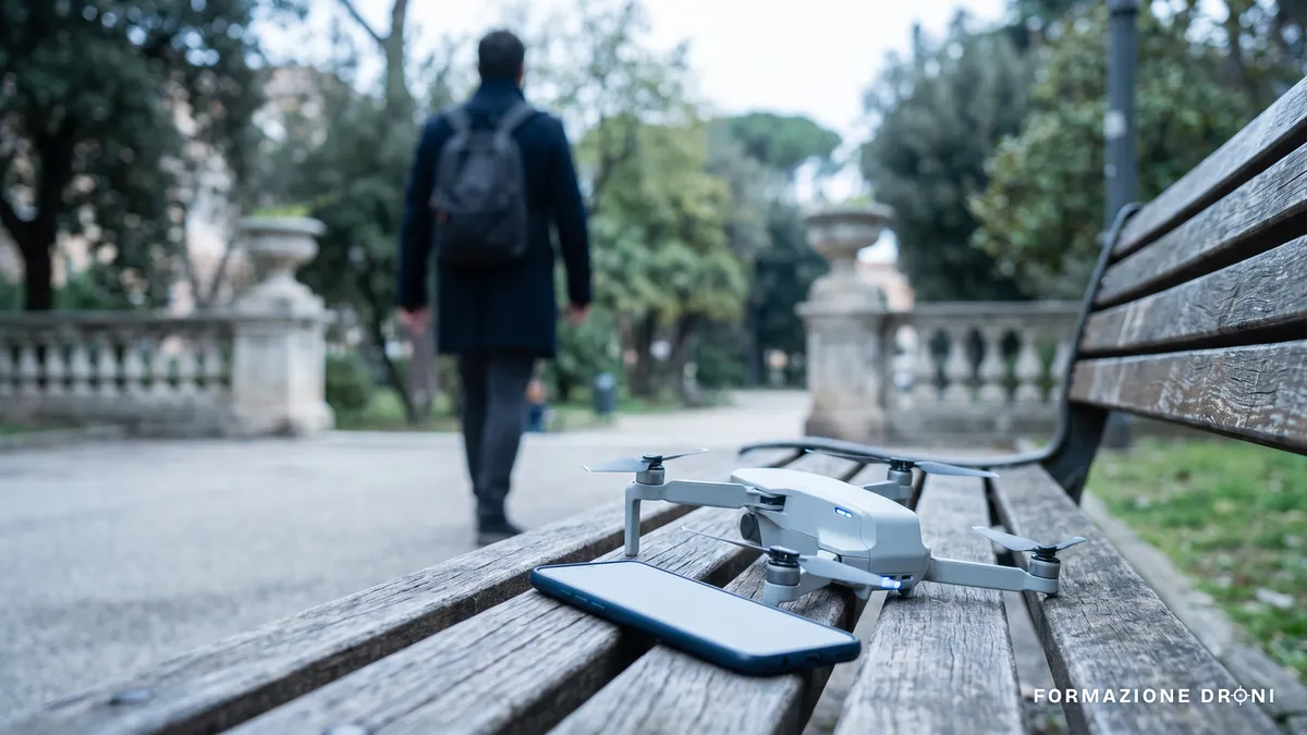 Drone consumer e smartphone appoggiati su una panchina in un parco