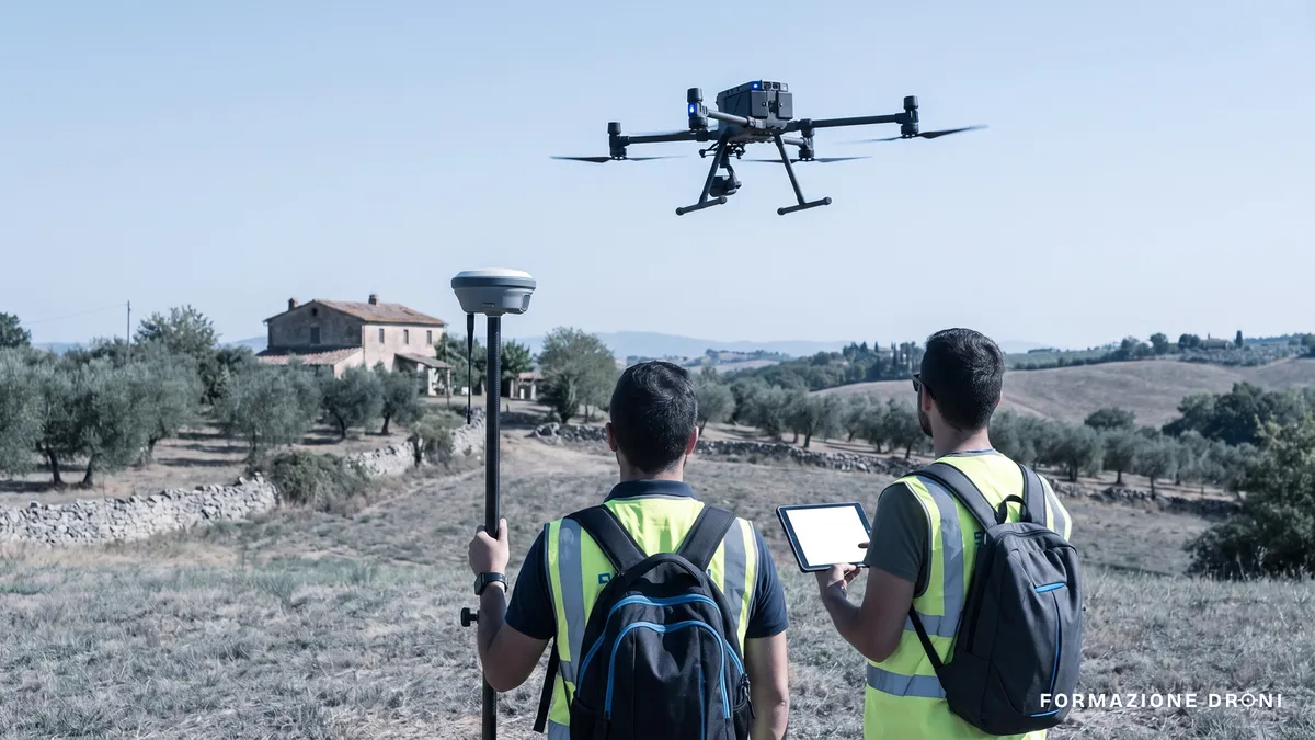 Topografo con palina GNSS a terra e drone professionale in volo