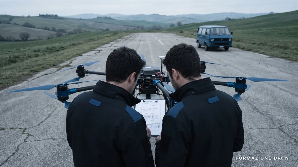 Due operatori rivedono una checklist di sicurezza accanto a un drone professionale