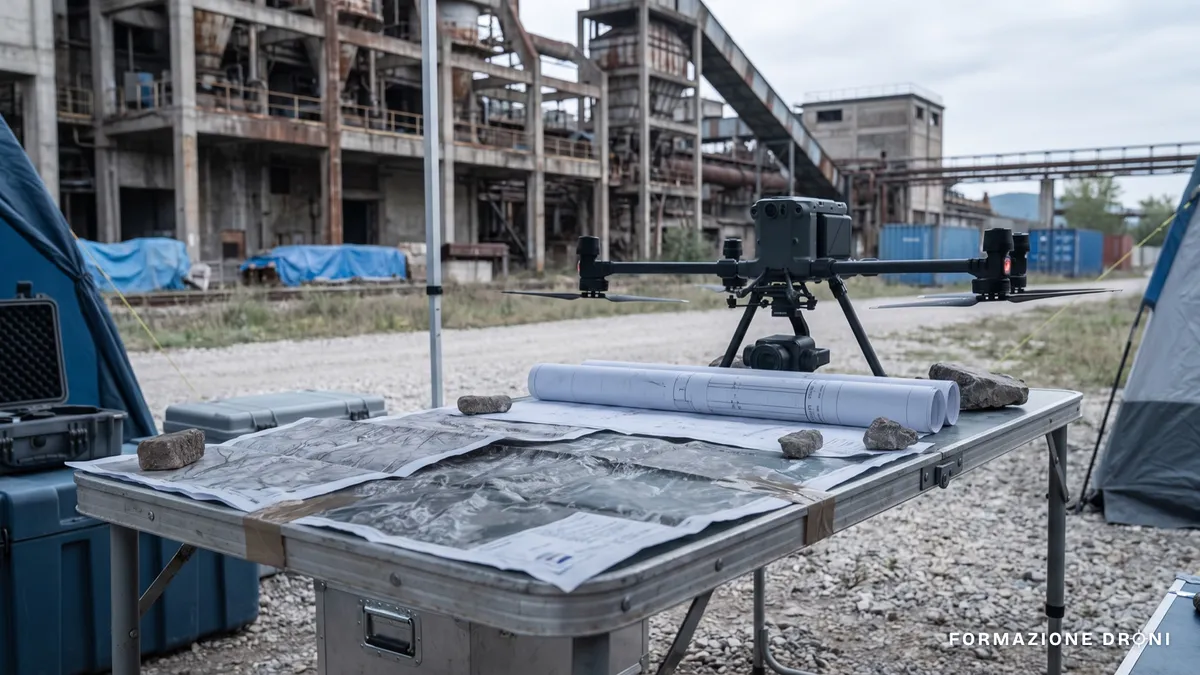 Operatore che studia mappe e documenti accanto a un drone professionale