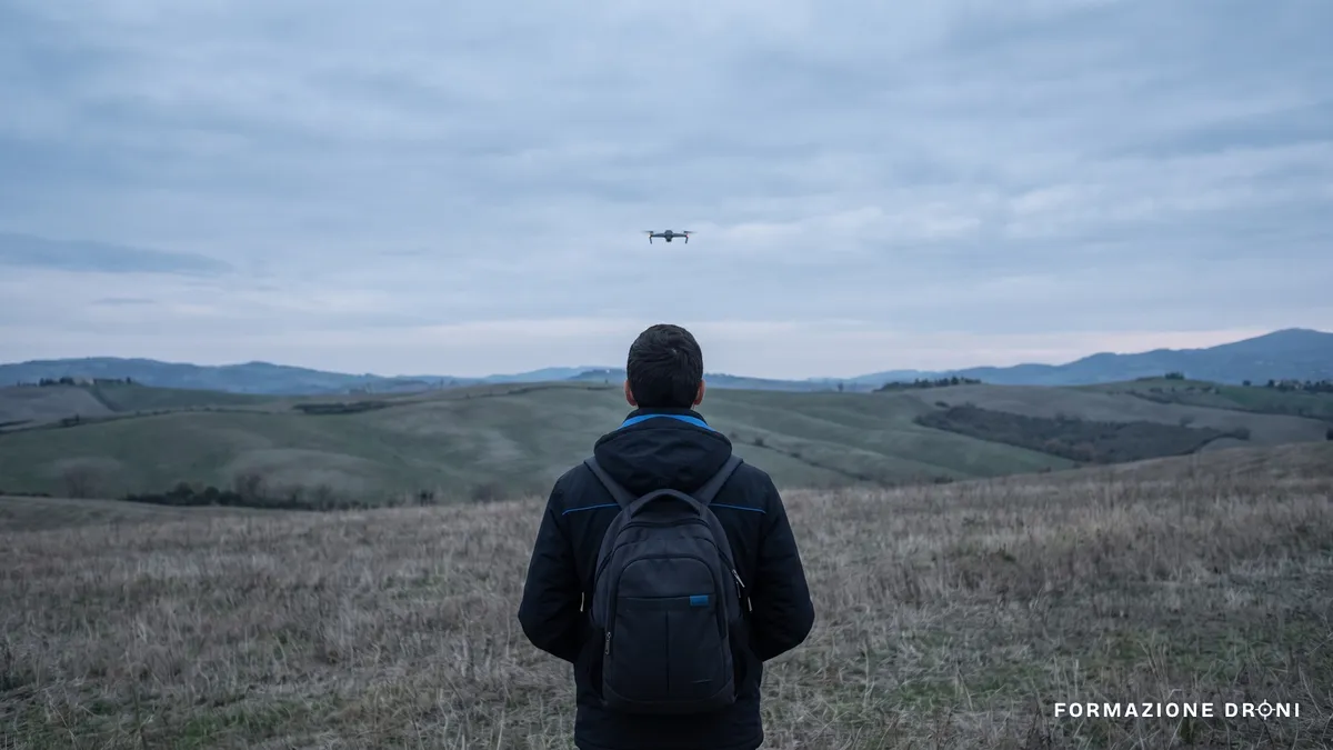 Pilota che guarda il proprio drone in volo su un campo aperto