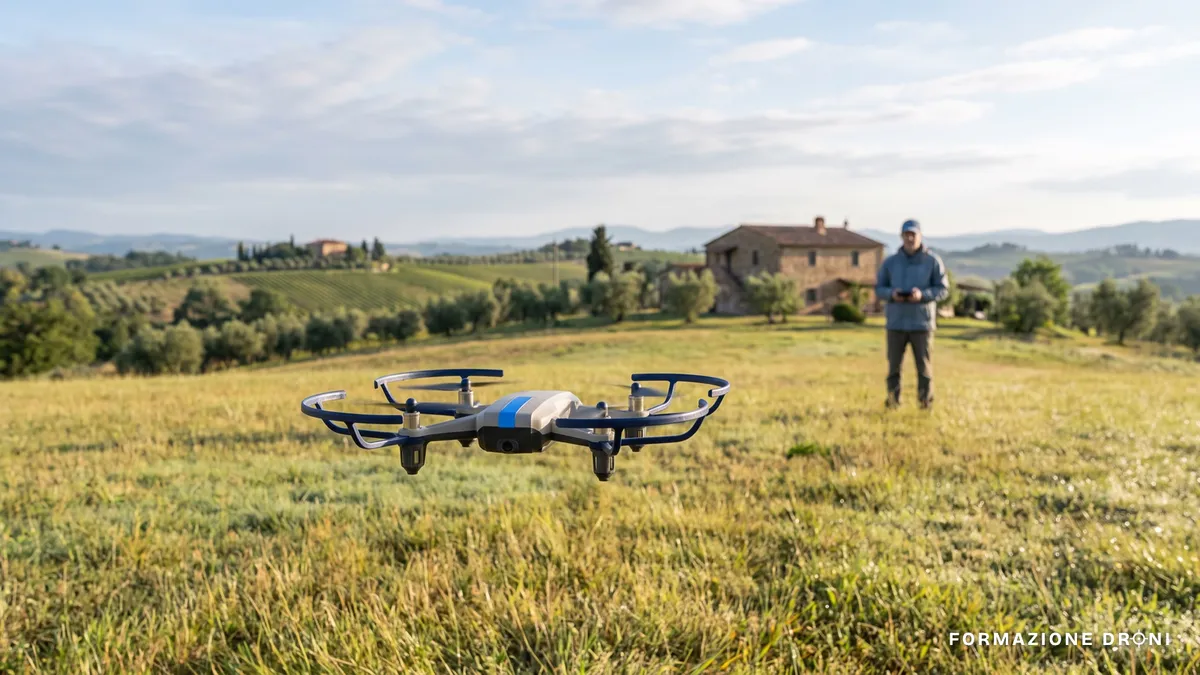 Piccolo drone in volo basso su un prato con colline italiane sullo sfondo