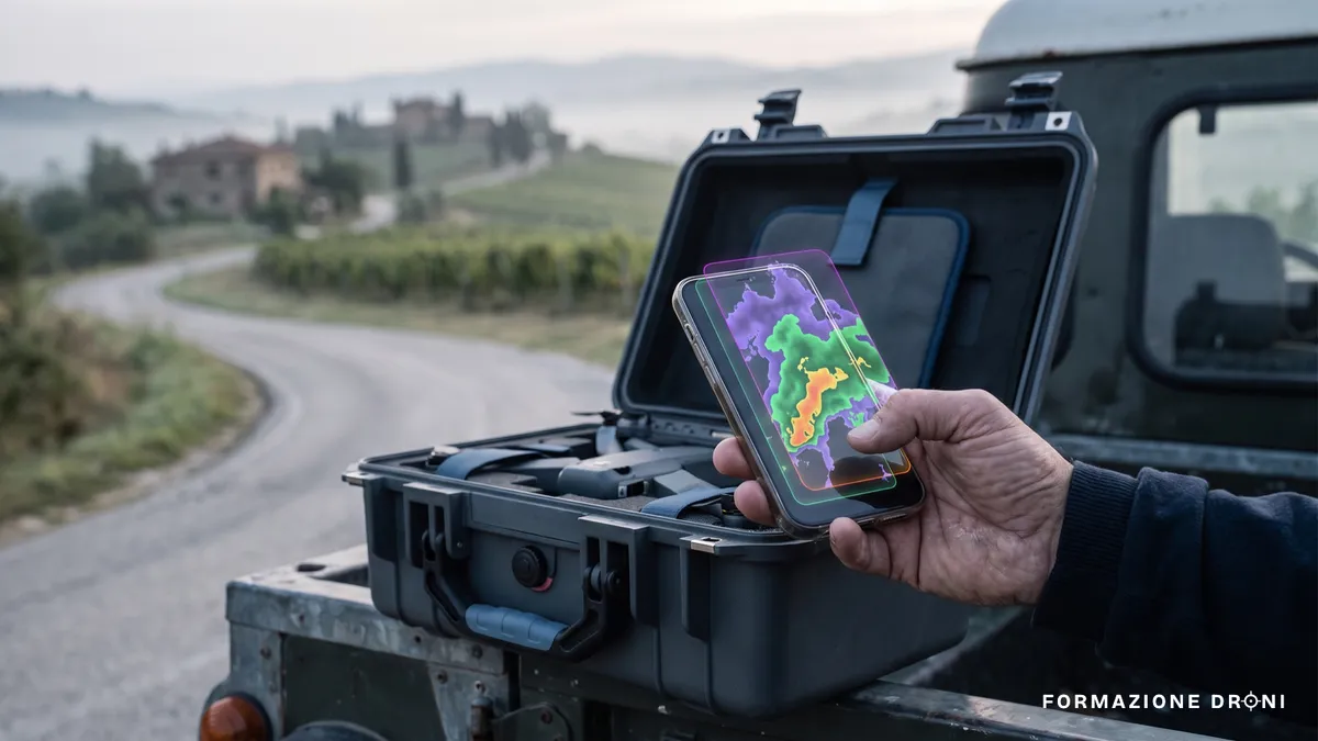 Smartphone con mappa meteo a colori tenuto sopra una valigia da drone aperta