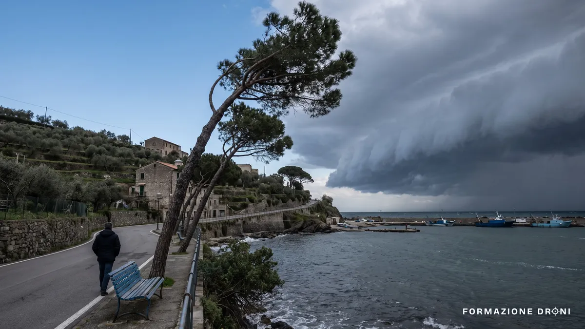 Paesaggio costiero con cielo sereno da un lato e linea di nubi in avvicinamento dall'altro