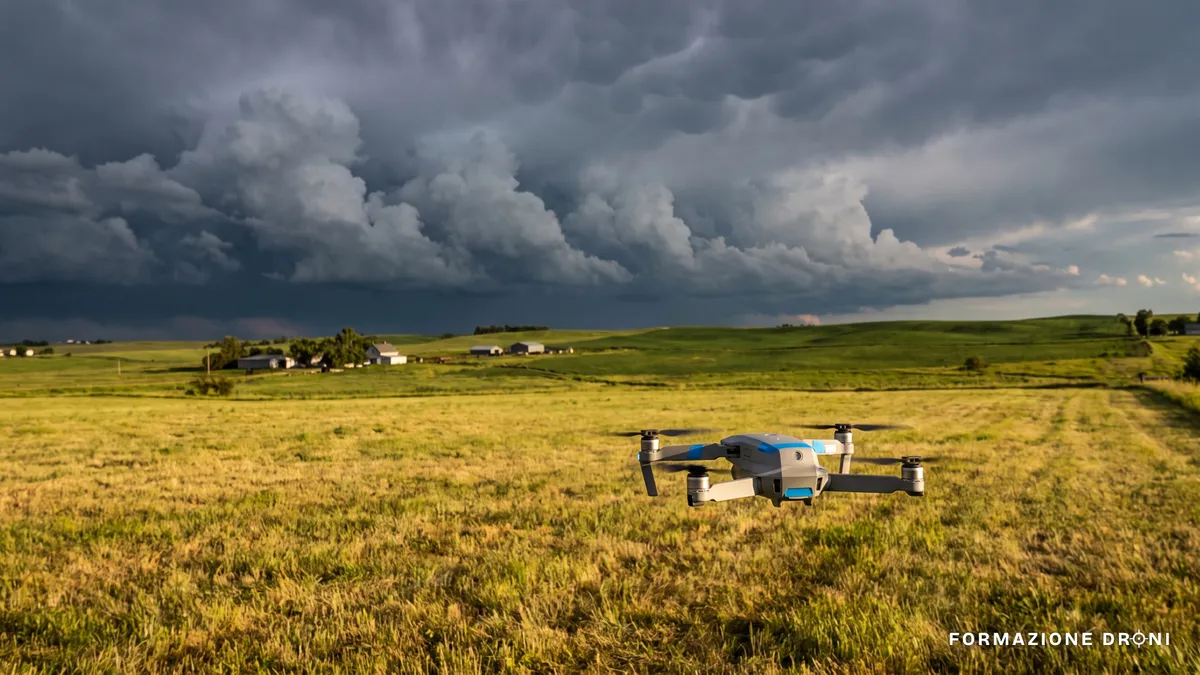Drone in volo su un campo con nubi cumuliformi in sviluppo all'orizzonte