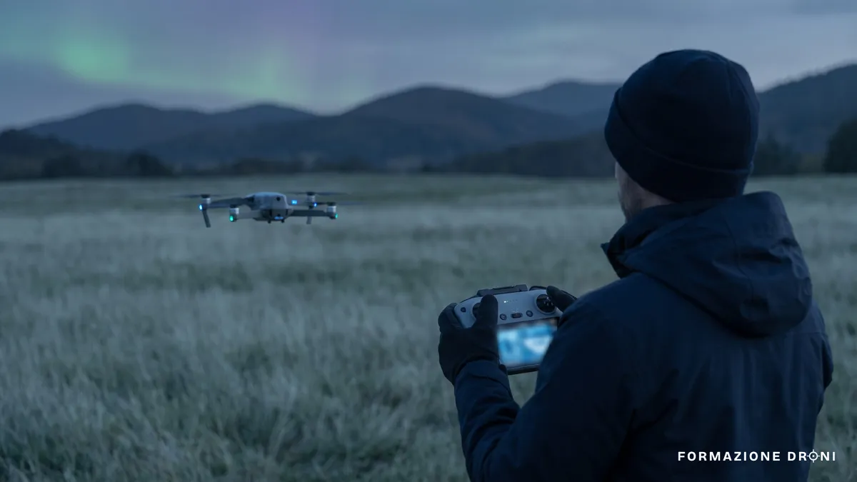 Pilota con radiocomando e drone in volo basso al crepuscolo con bagliore sull'orizzonte nord