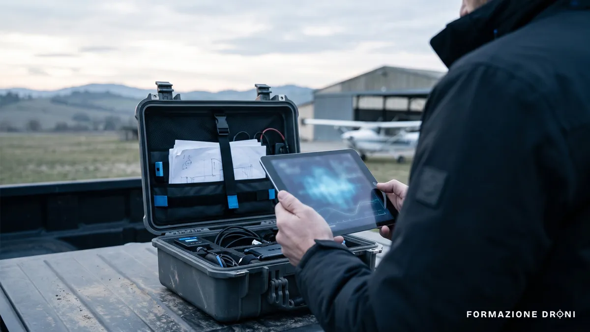 Tablet con un bollettino meteo aeronautico accanto a una valigia di trasporto aperta