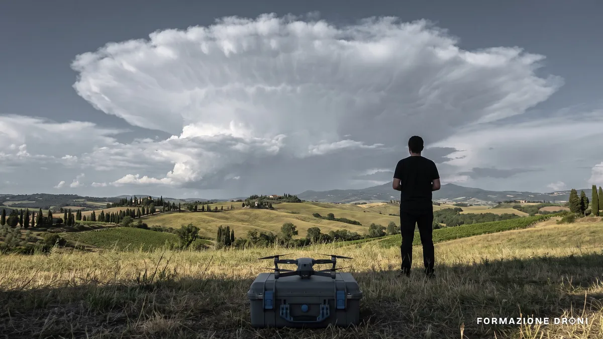 Cumulonembo con cima a incudine sopra colline, con un drone già a terra in primo piano