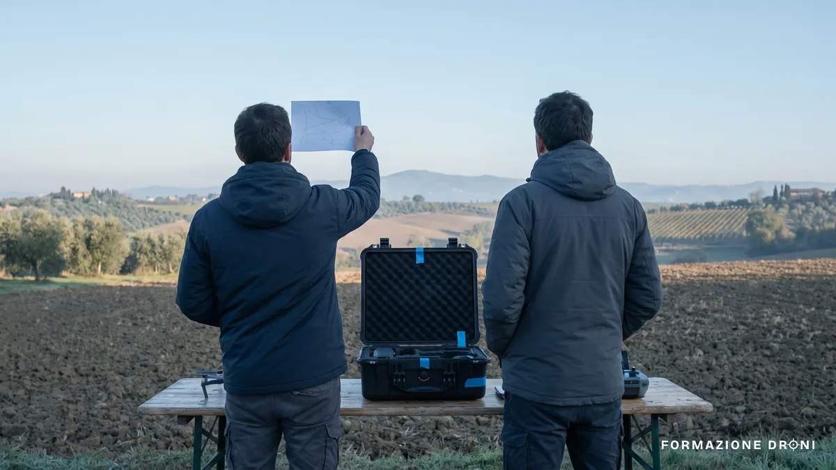 Due persone accanto a un drone su un tavolo da campo, una consulta una lista di controllo guardando il cielo