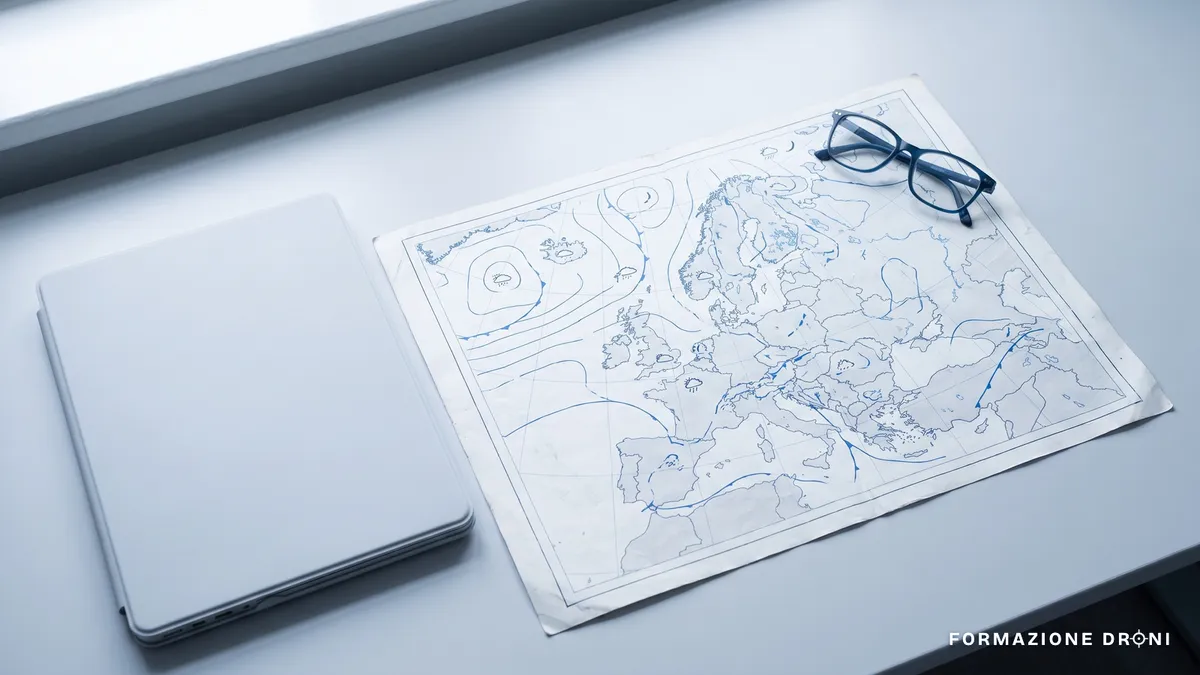 Carta meteorologica stampata con linee frontali su una scrivania accanto a un computer portatile