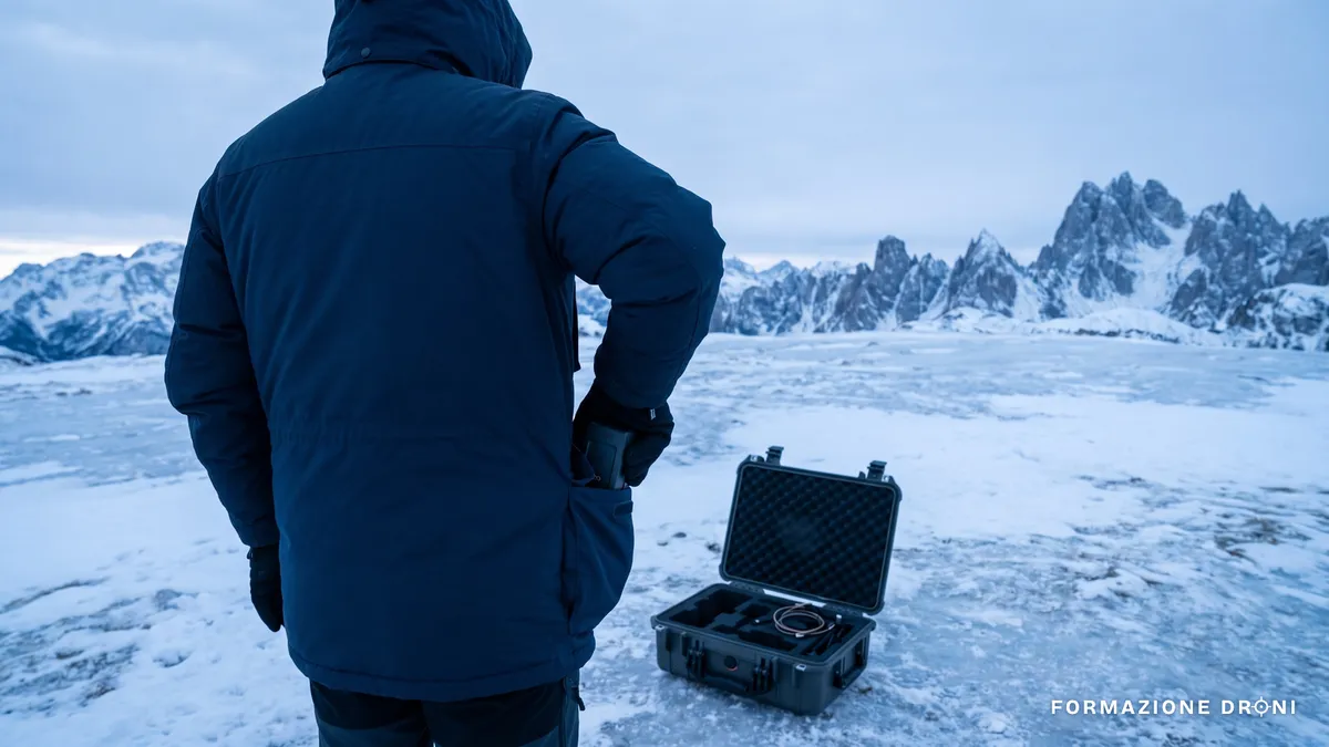Pilota che tiene al caldo una batteria vicino al corpo prima di un volo invernale in montagna
