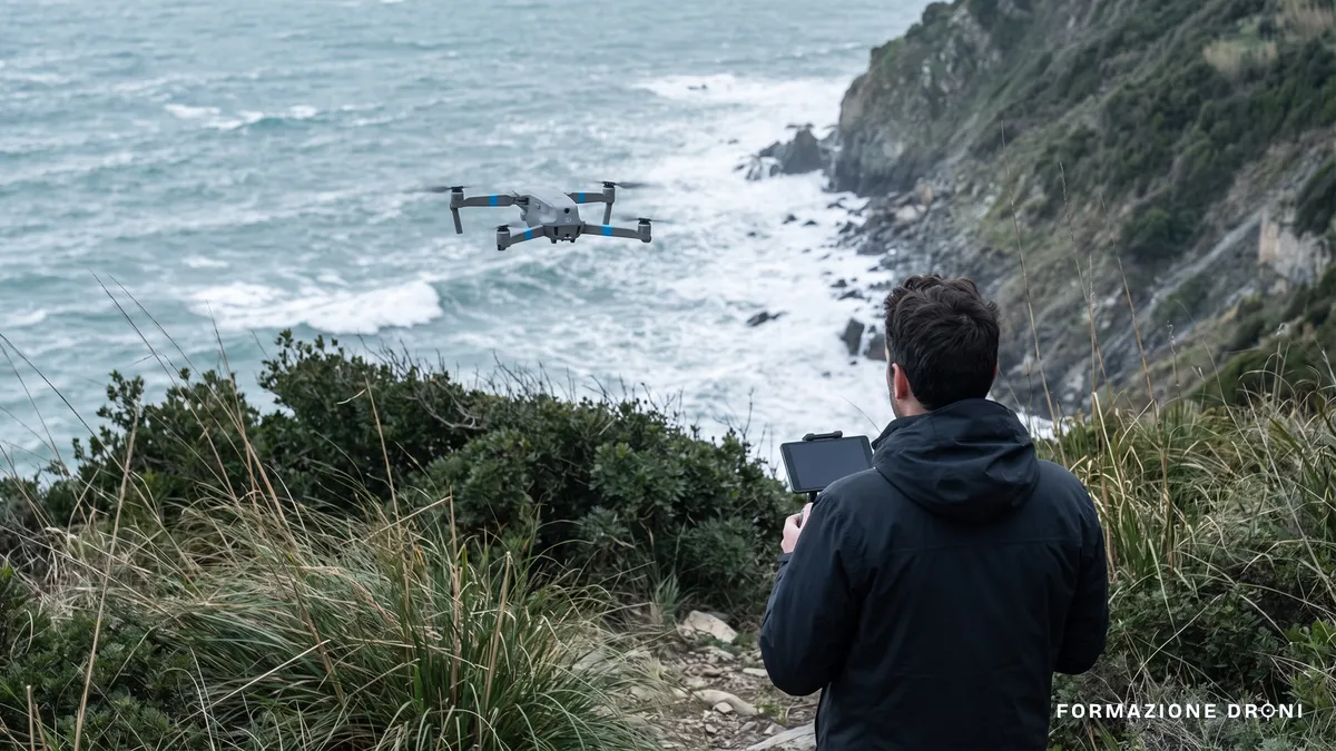 Drone in volo sopra una scogliera con erba piegata dal vento e mare mosso sullo sfondo