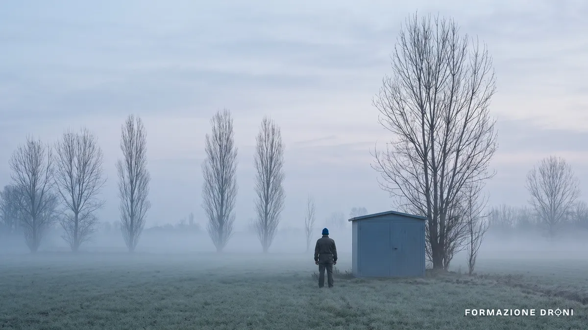 Strato di nebbia bassa su campi di pianura all'alba con pioppi che emergono