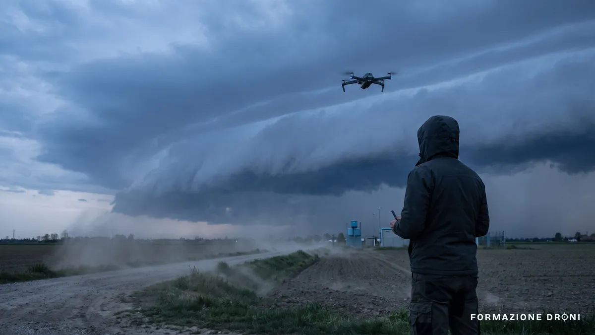 Nube a mensola in avvicinamento su una pianura mentre un drone rientra verso il pilota