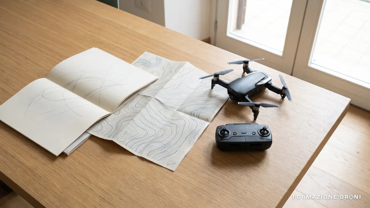 Documenti e mappa su un tavolo accanto a un drone e a un radiocomando