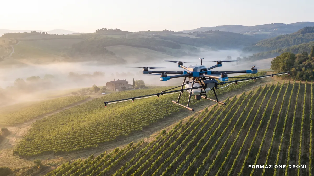 Drone multirotore con barre di irrorazione in volo basso su un vigneto collinare