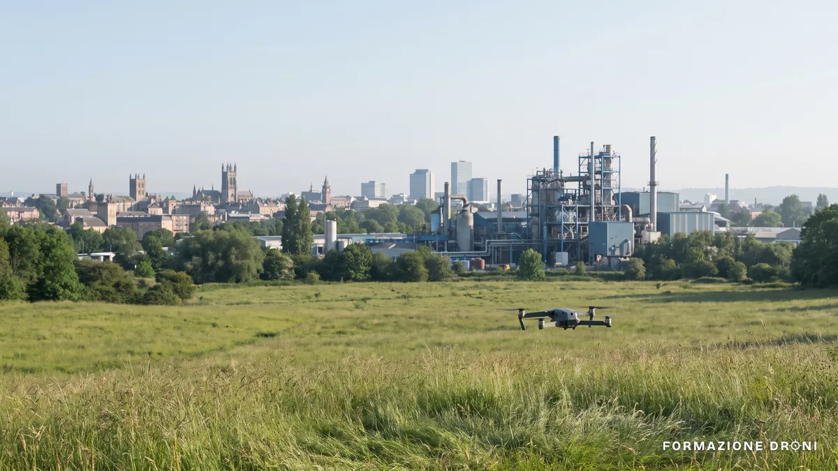 Paesaggio italiano con prato, impianto industriale e città sullo sfondo, con un drone in volo basso