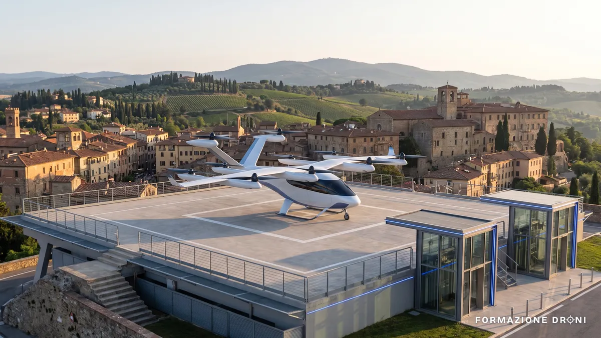 Aeromobile elettrico a decollo verticale su una piazzola alle porte di una città italiana
