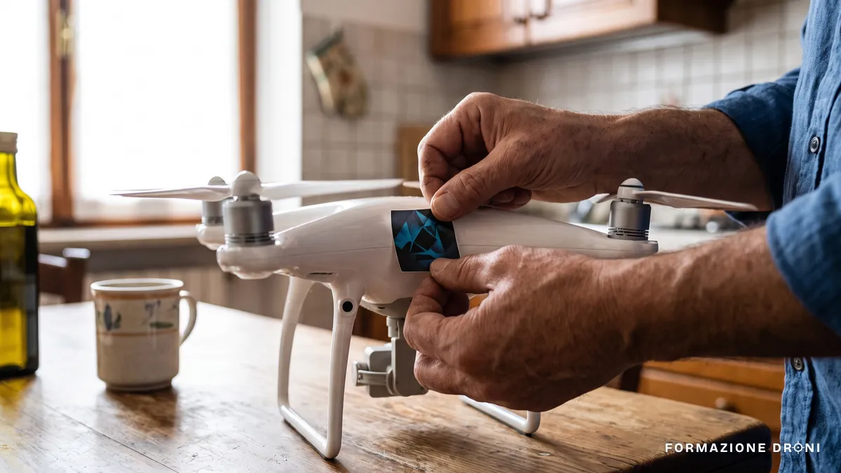 Applicazione dell'adesivo con QR code sulla scocca di un drone