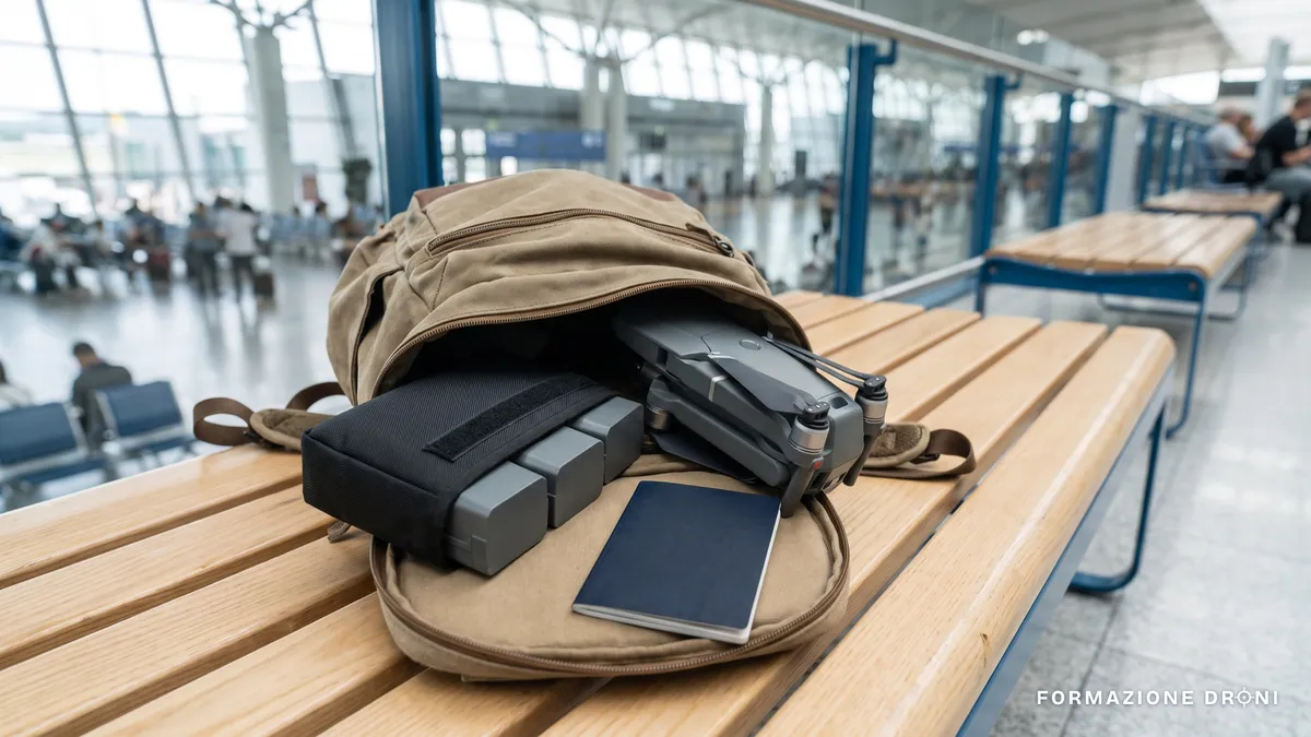 Zaino da viaggio con drone, batterie e documenti pronto per la partenza