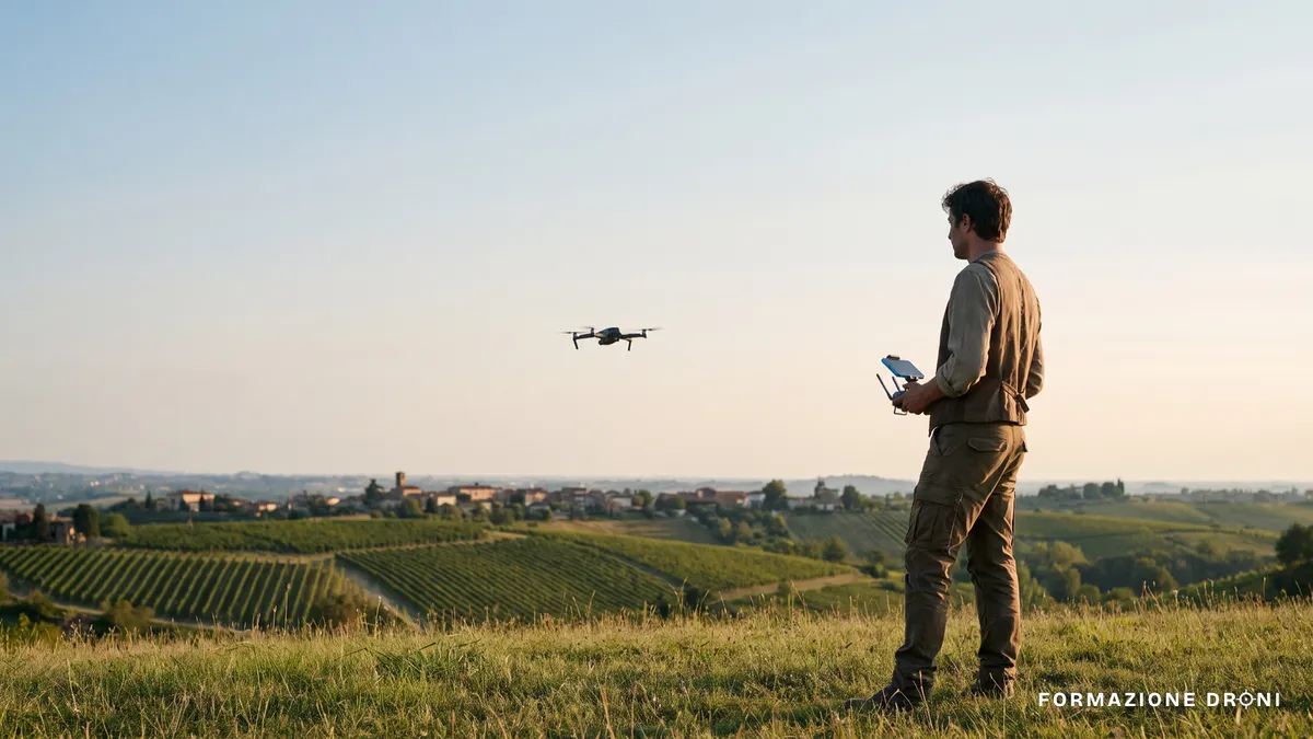 Pilota con radiocomando e drone in volo sopra una collina italiana al tramonto