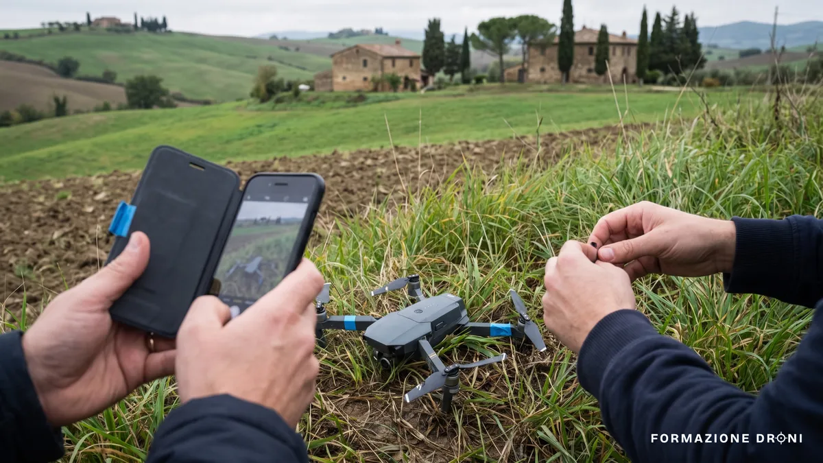 Drone danneggiato a terra fotografato con lo smartphone dopo un atterraggio non riuscito