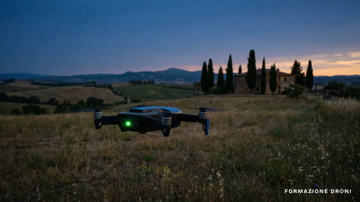 Drone in volo al crepuscolo su un campo aperto con luce verde accesa