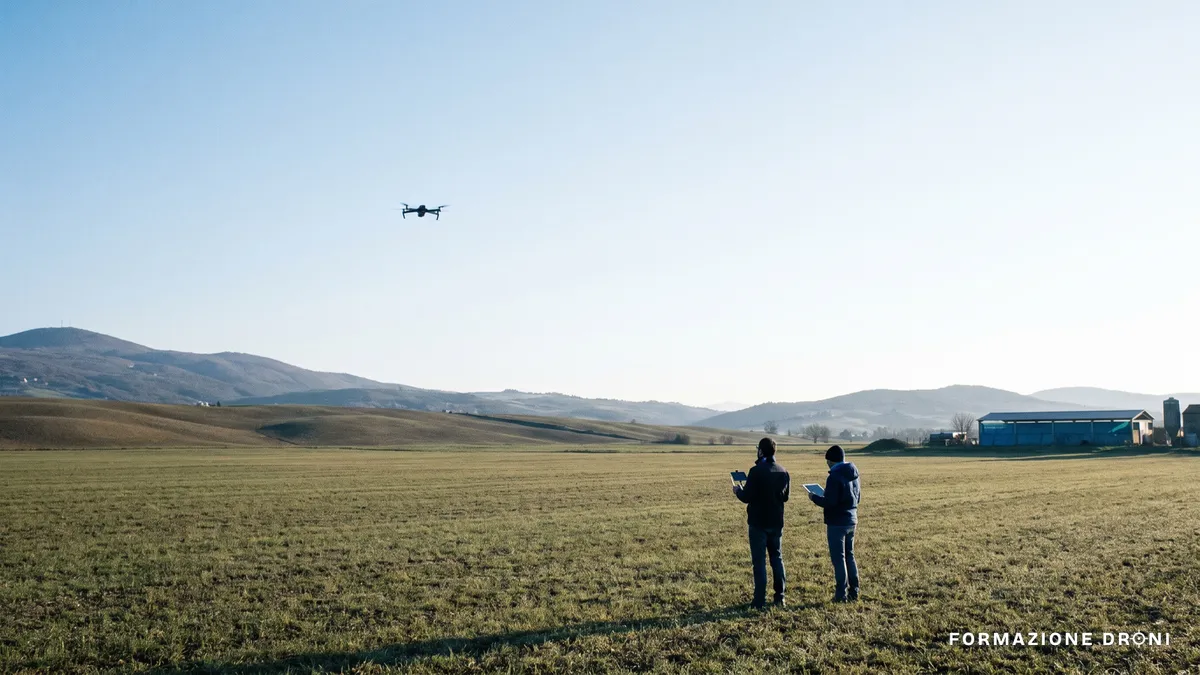 Due persone durante un'operazione con drone: una ai comandi, l'altra con un tablet