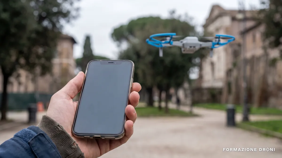 Smartphone in primo piano e drone in volo sullo sfondo in un parco