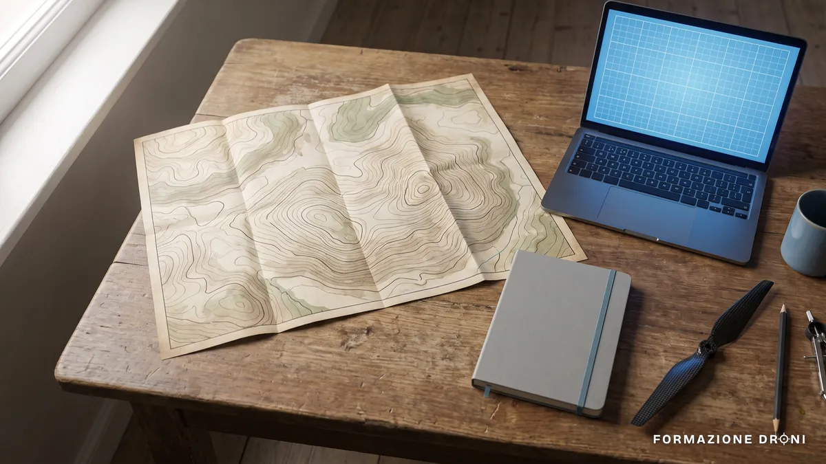 Tavolo di pianificazione con mappa topografica, computer portatile e componente di drone