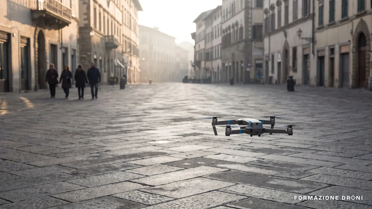 Drone in hovering su una piazza italiana quasi deserta, con persone lontane sullo sfondo