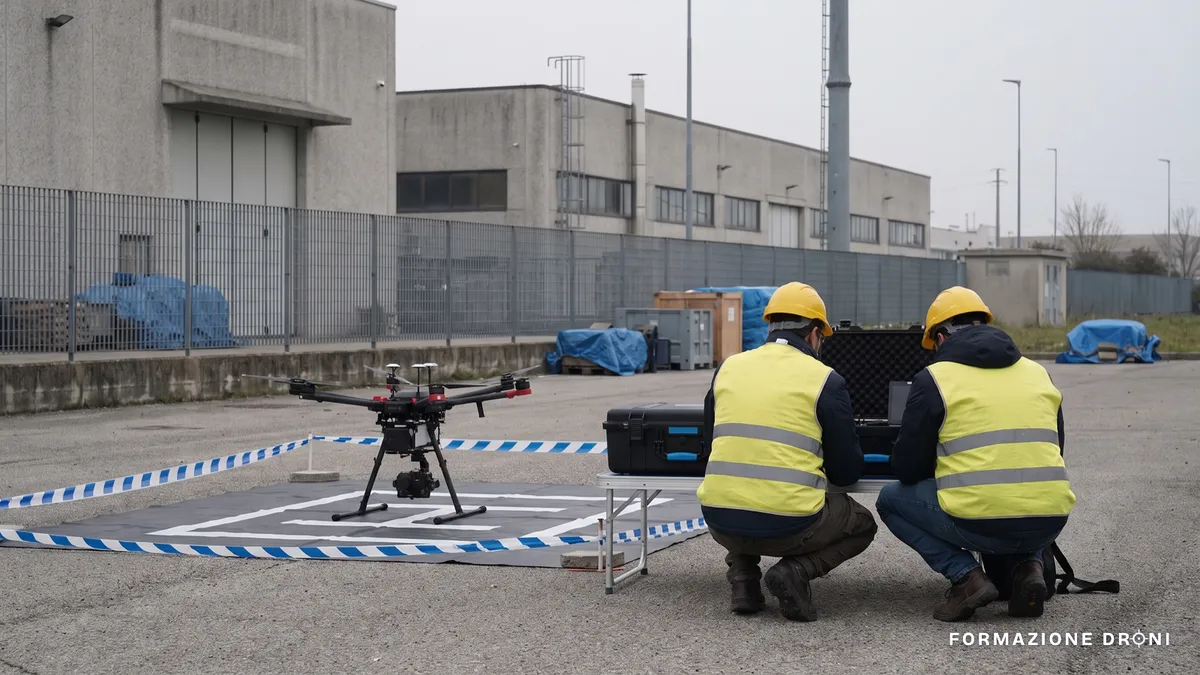 Due operatori con gilet ad alta visibilità accanto a un drone professionale in un'area delimitata