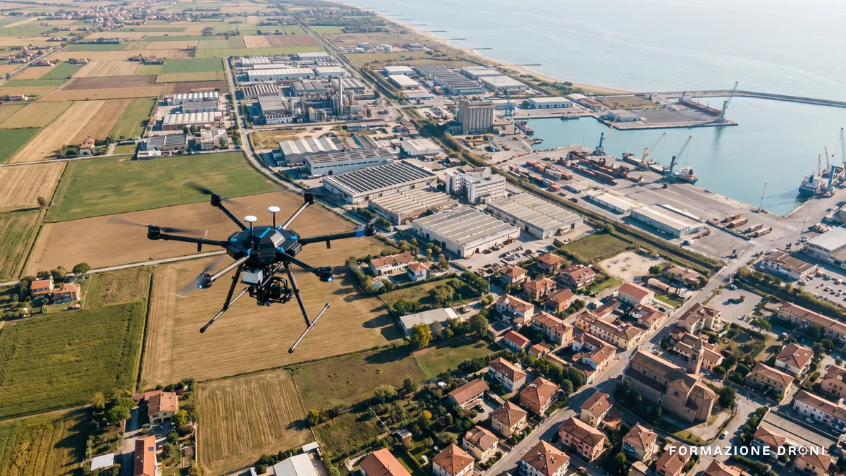 Drone professionale in volo su un'area costiera italiana con impianti e campi