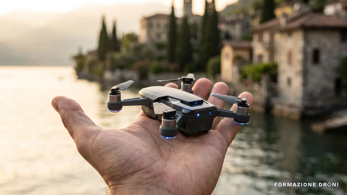 Piccolo drone pieghevole appoggiato sul palmo di una mano, con un lago italiano sullo sfondo