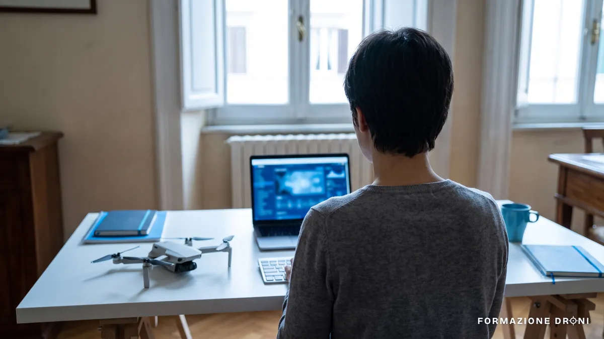 Persona che sostiene l'esame online per l'attestato A1/A3 davanti a un computer, con un piccolo drone sulla scrivania
