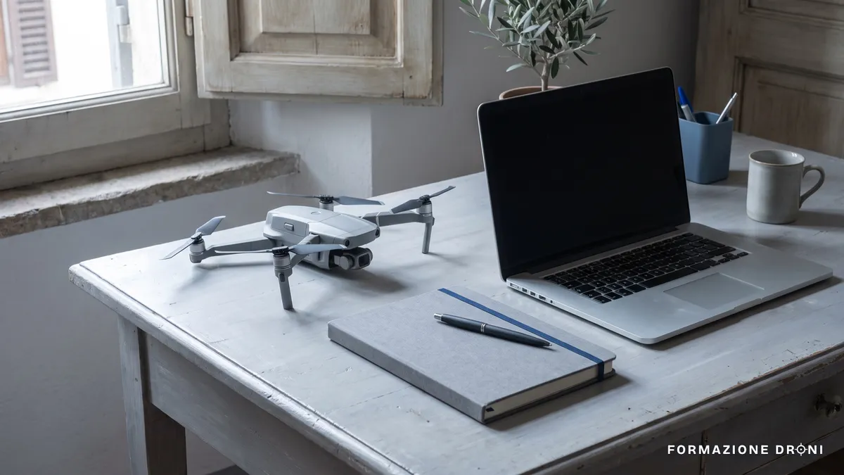 Drone compatto, quaderno e computer su un tavolo, per fare i conti delle spese necessarie a iniziare
