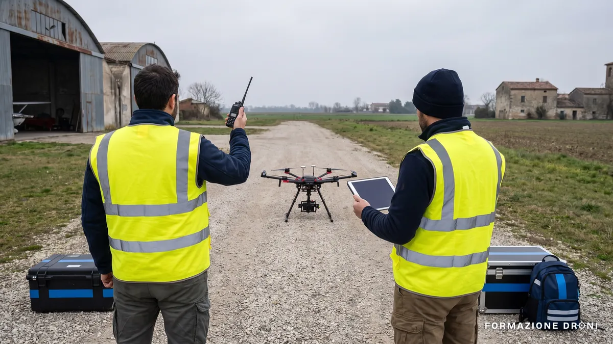 Due operatori con pettorina coordinano un volo accanto a un drone professionale