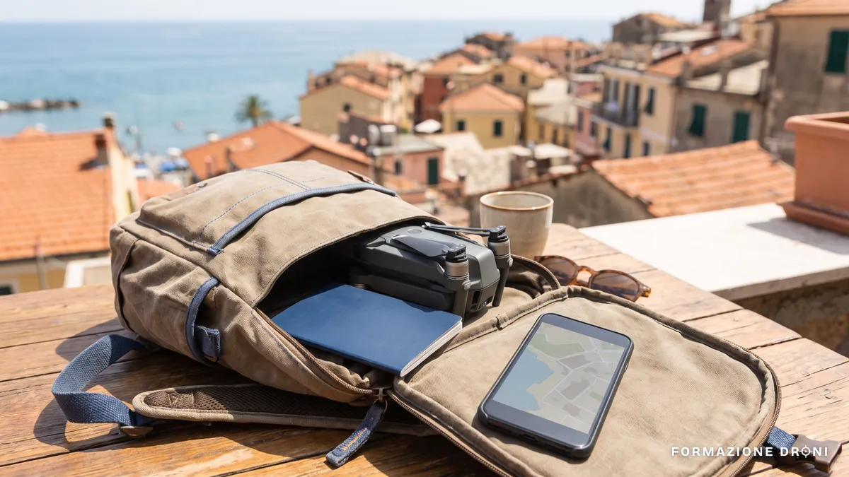 Zaino da viaggio con drone ripiegato, passaporto e telefono su un tavolo